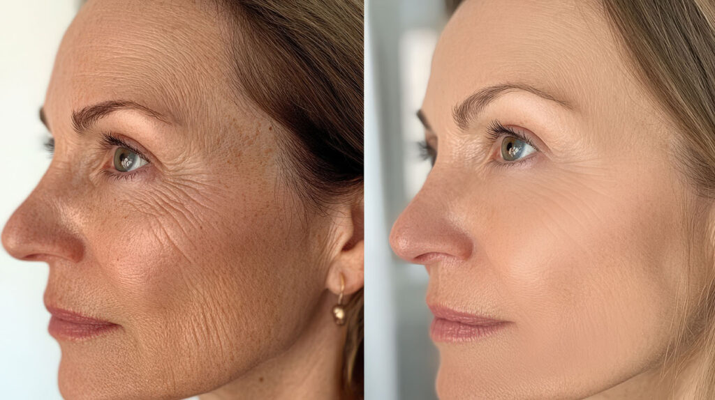 Left and right profile images showing visible differences in facial lines, texture, and pigmentation.