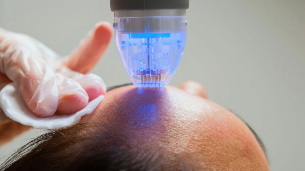 Close-up of an RF microneedling device delivering radiofrequency energy to improve skin firmness and texture.